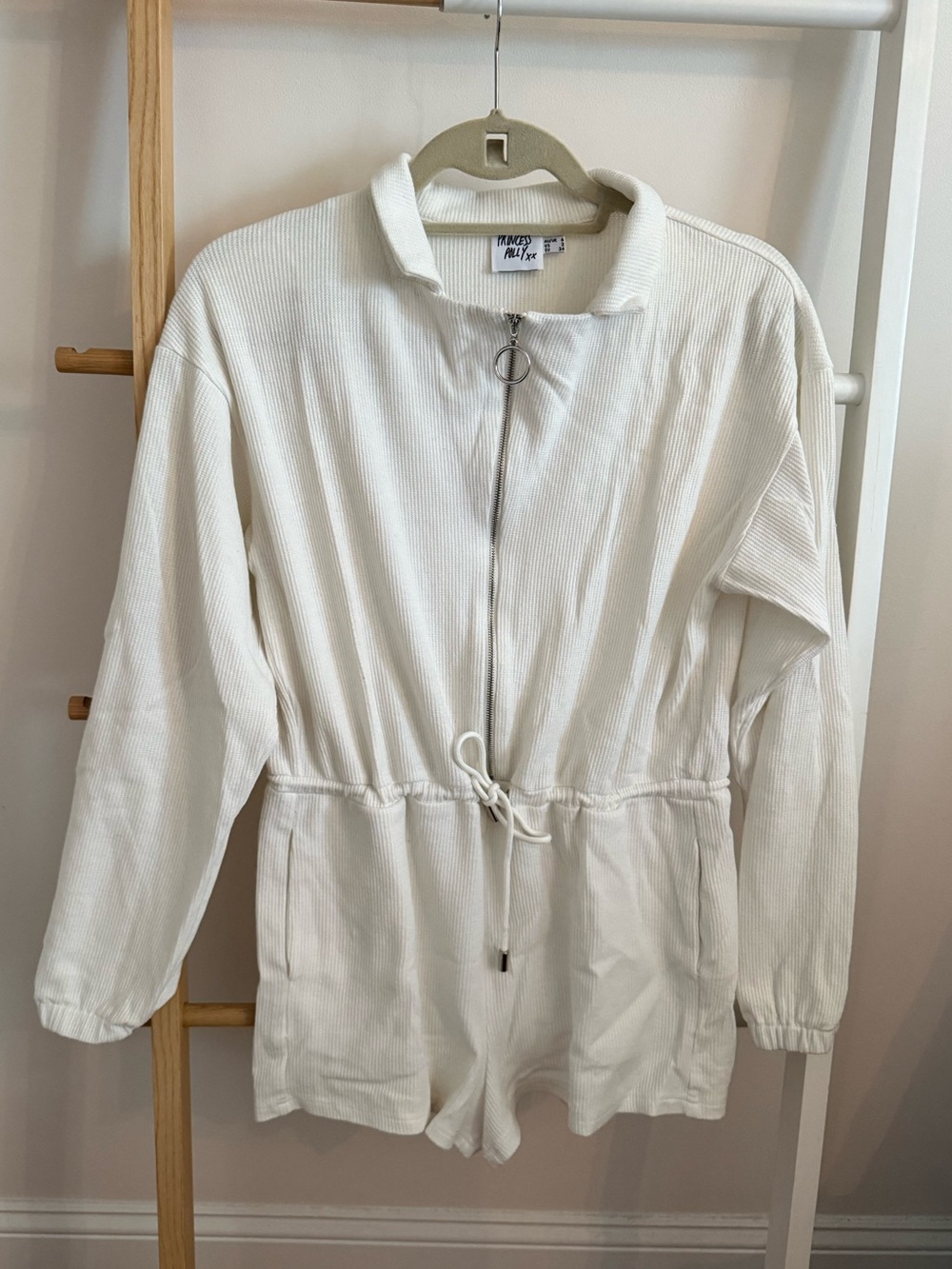 Princess Polly White Ribbed Zip-Front Romper
